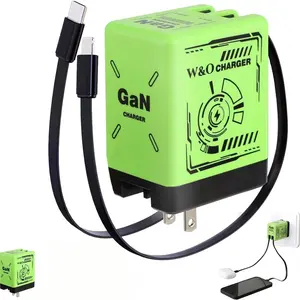 2-In-1 Fast Electronic GaN Charger Compatible with iPhone & Android, Foldable Wall Plug Adapter with Lightning & Type-C Cables, Quick Charge Feature