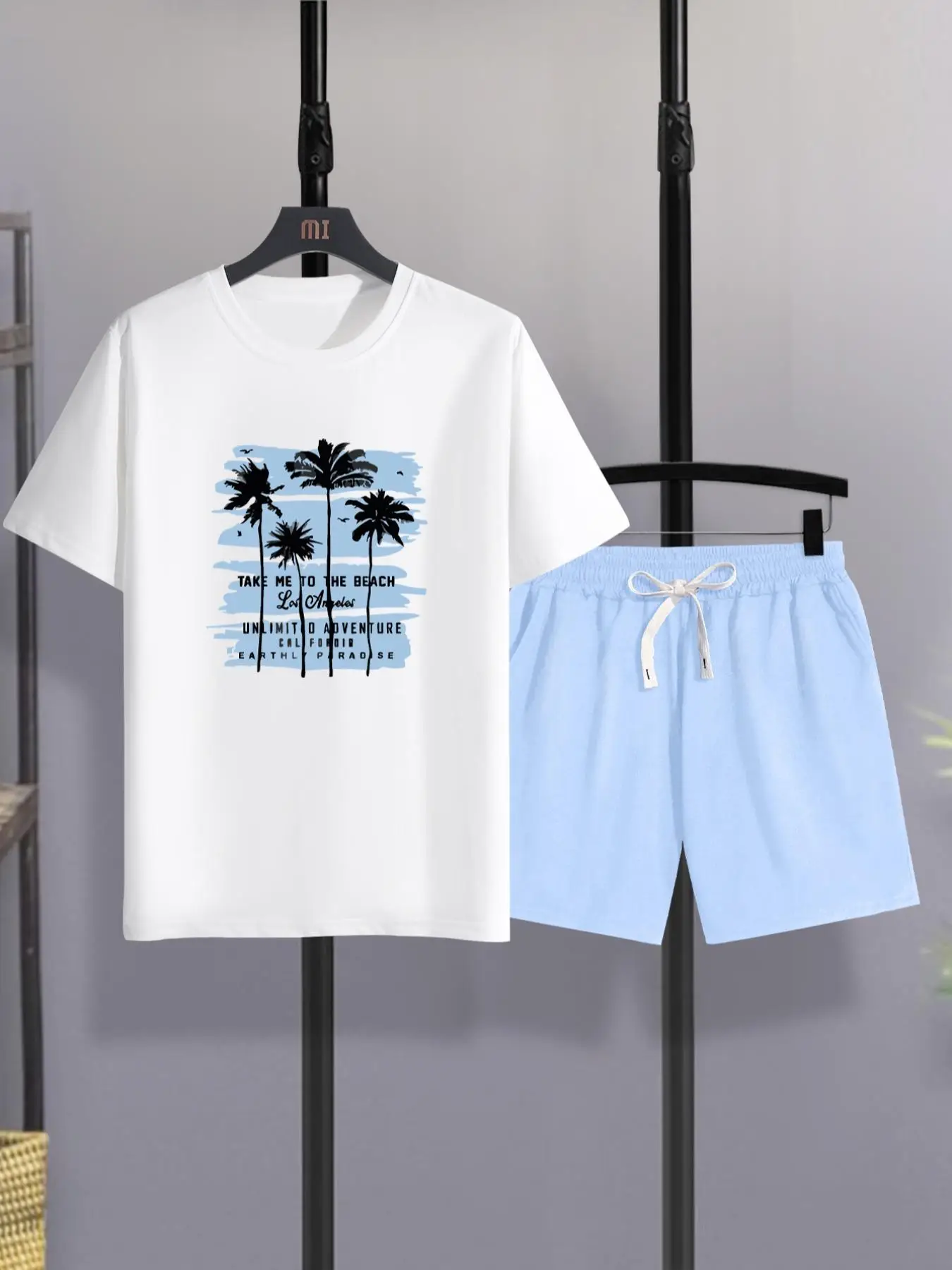 Two Counts Men's Simple Plants Print Shortsleeve Tee Shirt & Pocket Drawstring Shorts Suits Set, Back To School Men's Clothing, Graphic Short Sleeve T