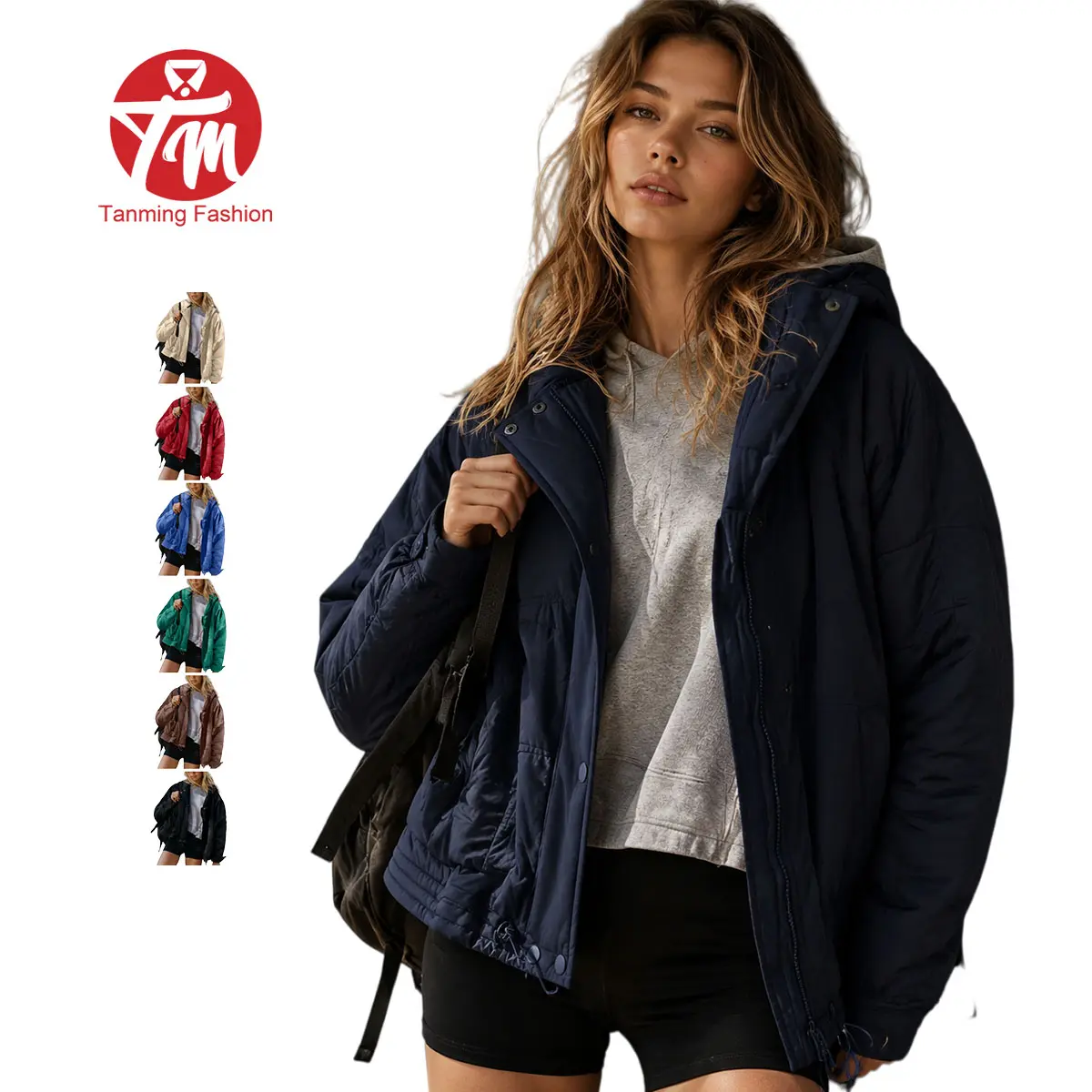 Tanming Women's Oversized Quilted Hooded Jacket - Fashion, Minimalist, Basic, Lightweight Style - with Pockets, Adjustable Hem, Warm Loose Fit Short Winter Coat Outerwear for Cold Weather
