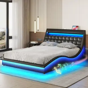 Vabches Full Size Bed Frame with Wave-Like Curve Design PU Leather Upholstered Platform Bed Frame w Charging Station&LED Lights