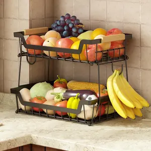 [New deal] 2 Tier Countertop Fruit Basket with 2 Banana Hangers for Kitchen, Detachable Metal Organizer with Large Capacity , Black Wooden Storage Rack Cabinet Storage Unit, Storage Basket, Room Organizer