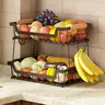 [New deal] 2 Tier Countertop Fruit Basket with 2 Banana Hangers for Kitchen, Detachable Metal Organizer with Large Capacity , Black Wooden Storage Rack Cabinet Storage Unit, Storage Basket, Room Organizer