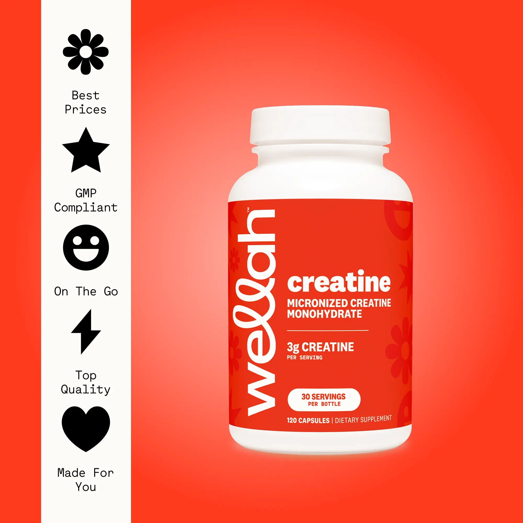 Wellah Creatine Monohydrate Capsules 3000mg | 30 Servings | Pre Workout & Fitness Endurance Supplement | Micronized Formula | 120 Edible Capsules