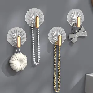 Shell Hook Set, Transparent Gold Design, No-Drill Adhesive Hooks for Keys Hair Ties Bags, Key Holder, Bathroom Entryway Decor, Home Storage Solution