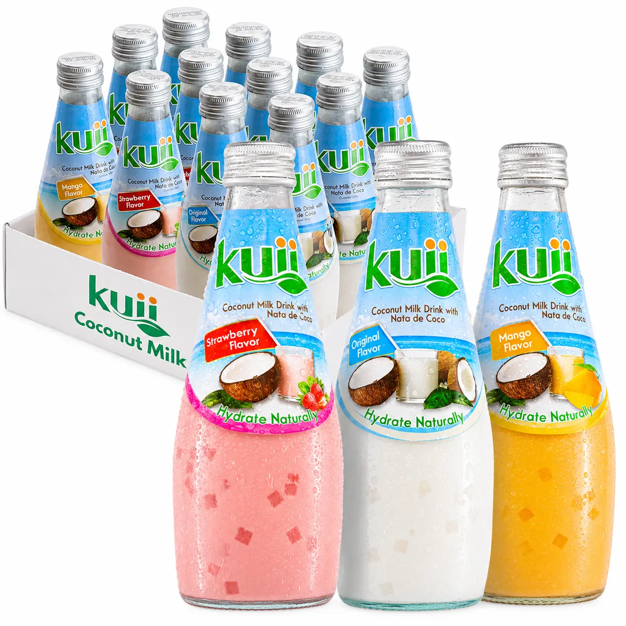 Kuii Coconut Milk Drink Variety Pack, 12 Count, Vegetarian, Gluten-Free, Made in Thailand from Real Coconuts, Original Coconut, Strawberry & Mango, with Nata de Coco, 9.8 fl oz Bottles