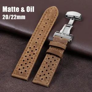Retro Cowhide Watch Strap 20mm 22mm Breathable Matte Oil Leather Watch Strap Butterfly Buckle Unisex Bracelet