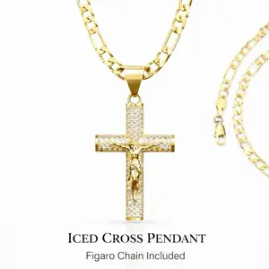 14K Figaro Link Chain 22 inches 6mm- Religious Cross Jesus Christ Crucifix Bling Pendant Iced Brass with CZ Diamond for Hip Hop Daily Wear Necklace