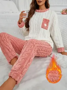 Women's Fleece Lined Sleepwear 2 Piece Set, Long Sleeve Pocket Top & Relaxed Fit Pants for Home Use, Autumn Winter Pajama Set
