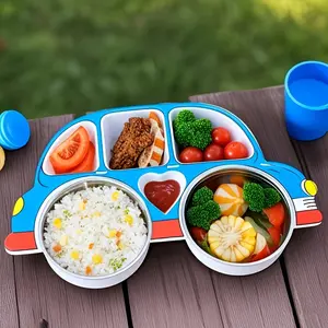 1PC Car Shaped Divided Kids Dinnerware Set with Lid BPA Free Leakproof Childrens Tableware for Home and Travel BPA Free Kids Plates with Non Slip Bottom