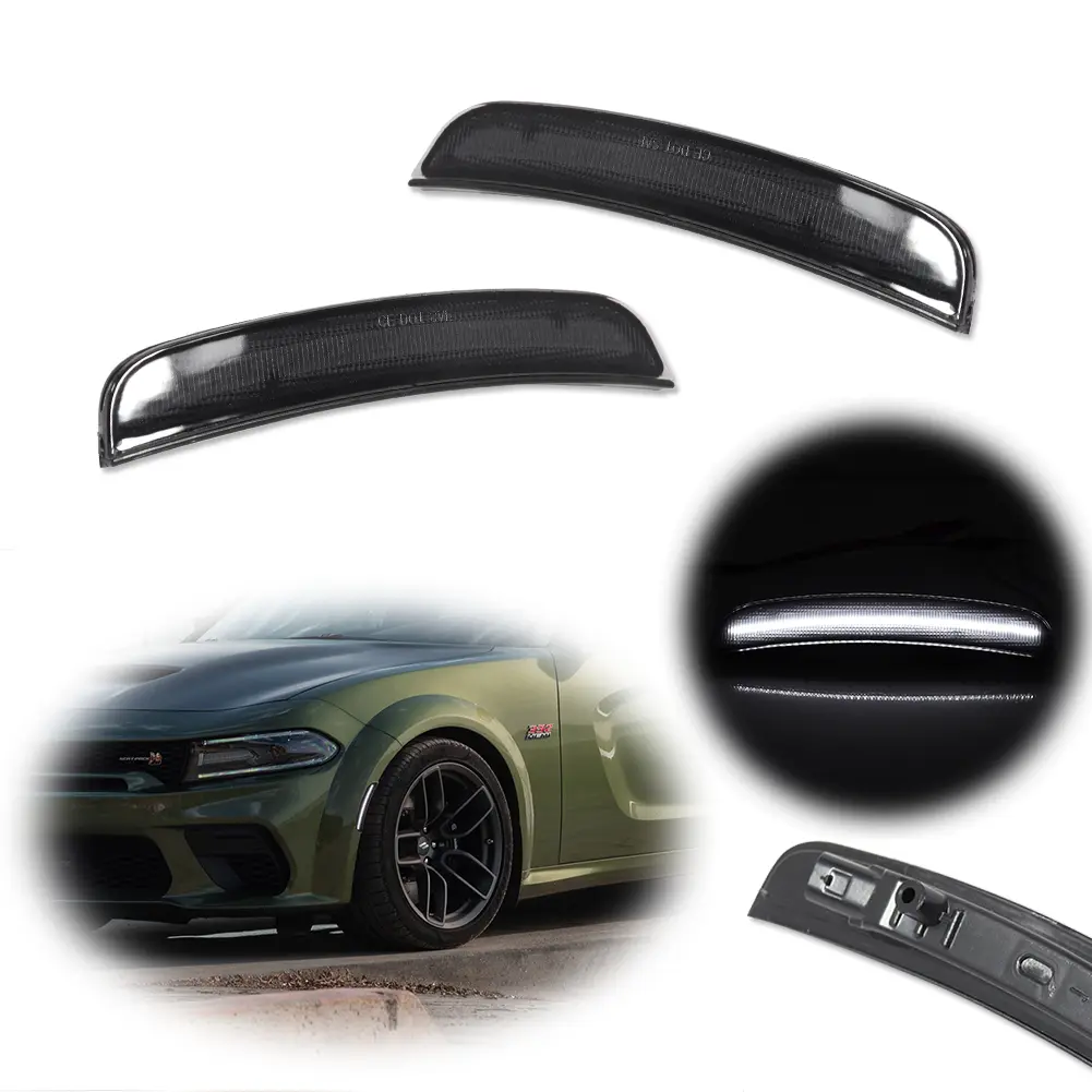 2pcs For Dodge Charger 2015 2016 2017 2018 2019 2020 2021 2022 Front Bumper Smoked White LED Side Marker Lamps Light,Replace OEM 68214404AA（Right Front）68214405AA（Left Front）
