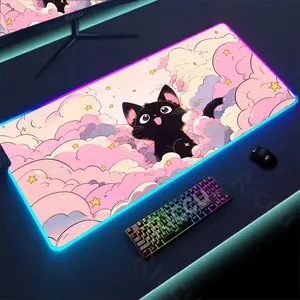 'RGB Mousepad Pink Cloud Cat Cartoon Deskmat LED Backlight Gaming Keyboard Rug Computer Office Accessories Kawaii Anime Mouse Pad'