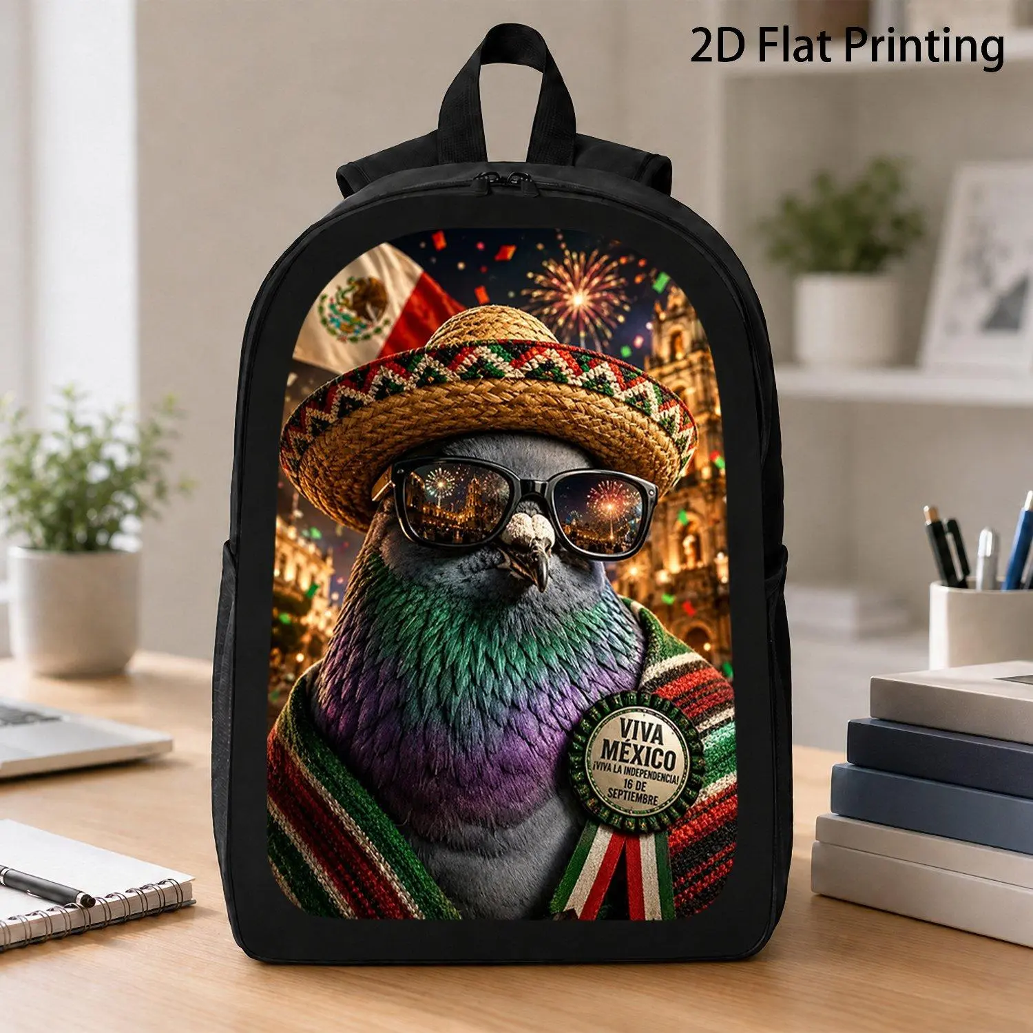 [17 Inch Backpack] 1pc Mexican Independence Pigeon With Sombrero Hat Sunglasses Graphic Backpack Hot Mexico Flag Firework Celebration Pattern Travel Backpack