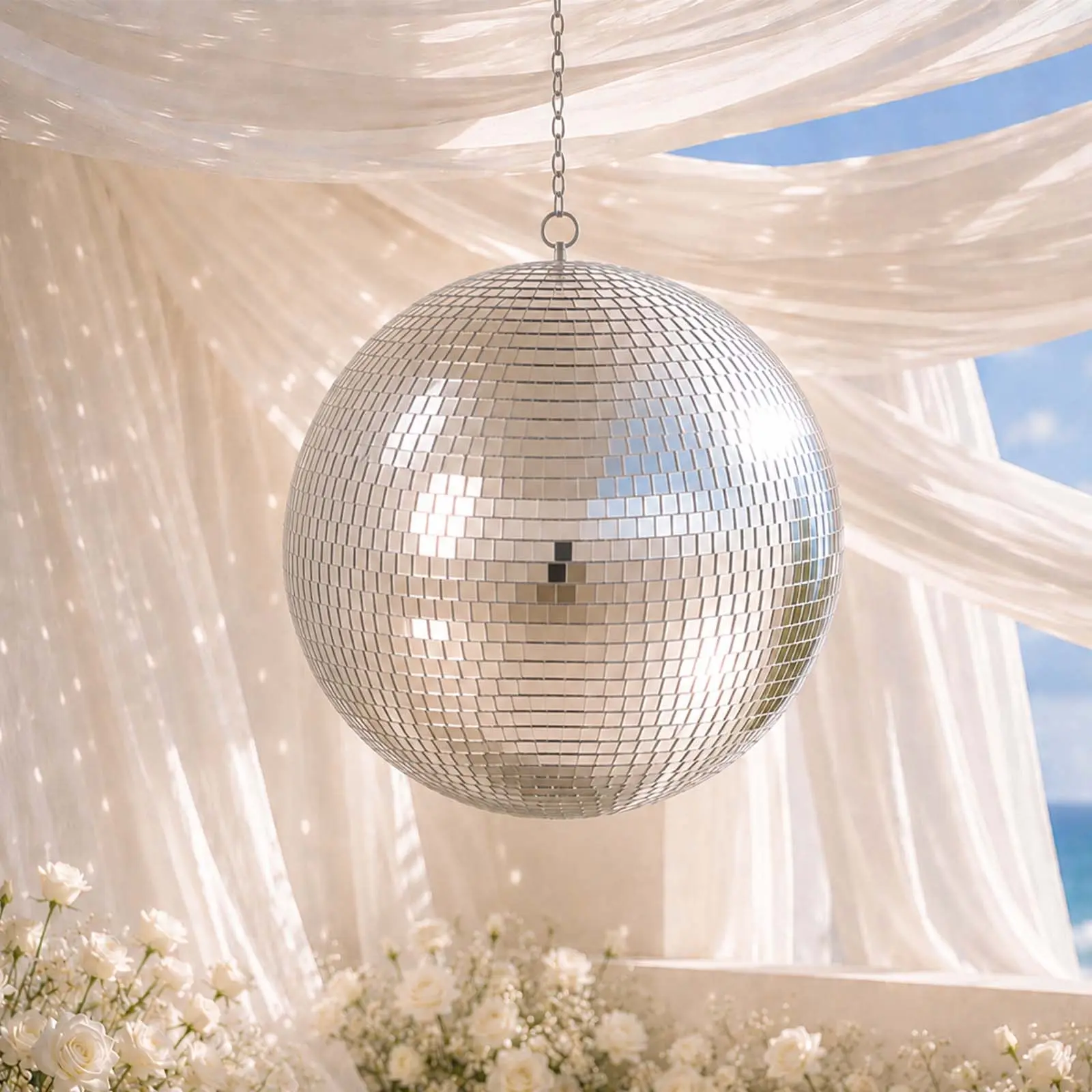 20" Large Silver Foam Disco Mirror Ball With Hanging Swivel Ring, Holiday Party Decor