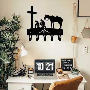 1pc Cowboy Cowgirl At The Cross Wall Mounted Hook: Pendant Wall Art Home Decor Decoration Iron Crafts Key Hanger, Rustic Western Style, Hooks For Wall, Hooks For Hanging