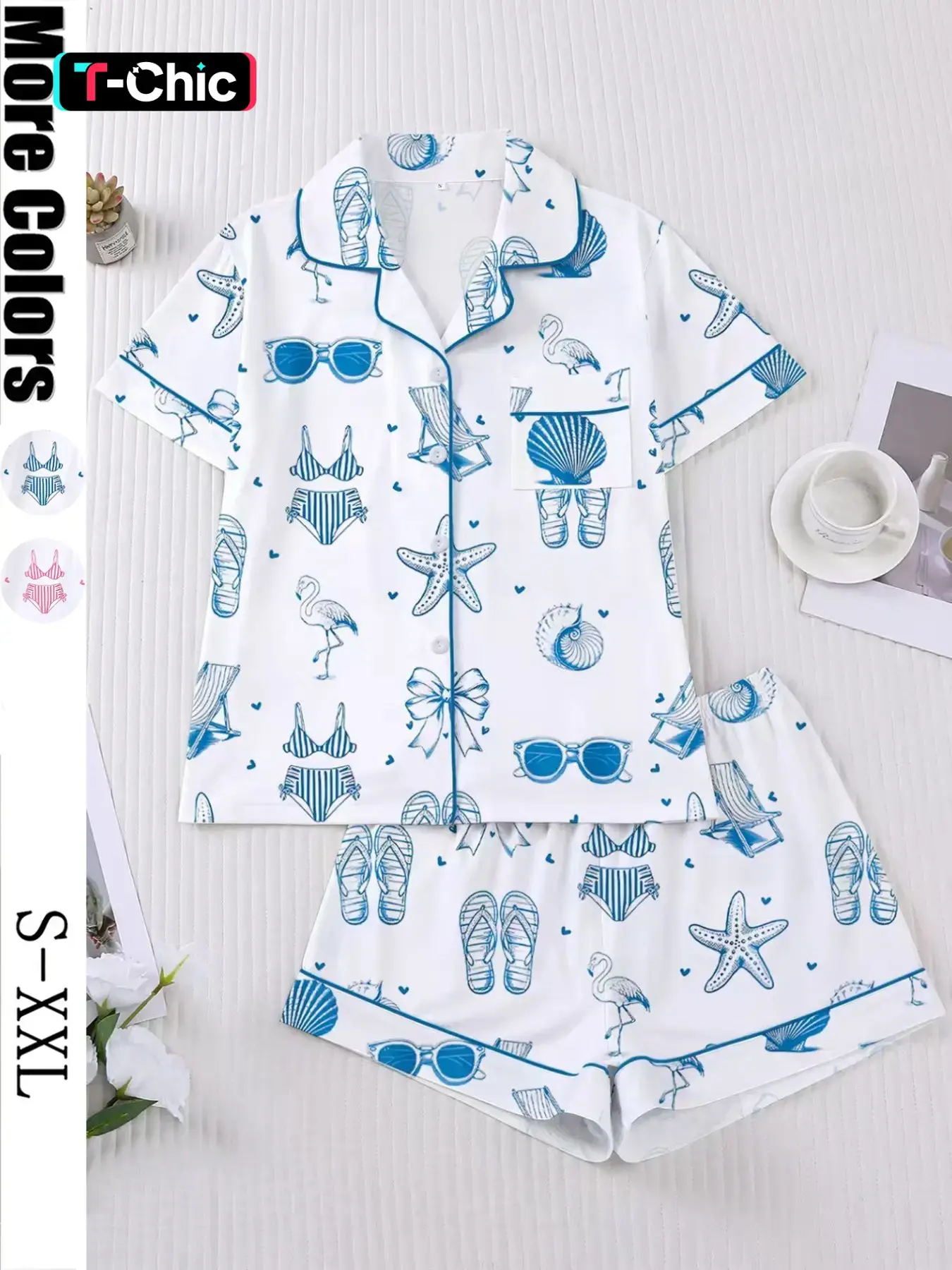 2-Piece Beach-Themed Loungewear Pajama Set Pjs with Bikini and Starfish Print, Short-Sleeve Collared Button-Down Soft Top and Loose-Fitting Stretch Shorts, Stylish Everyday Outfit for Holidays, Parties and Casual Outdoor Wear Shell