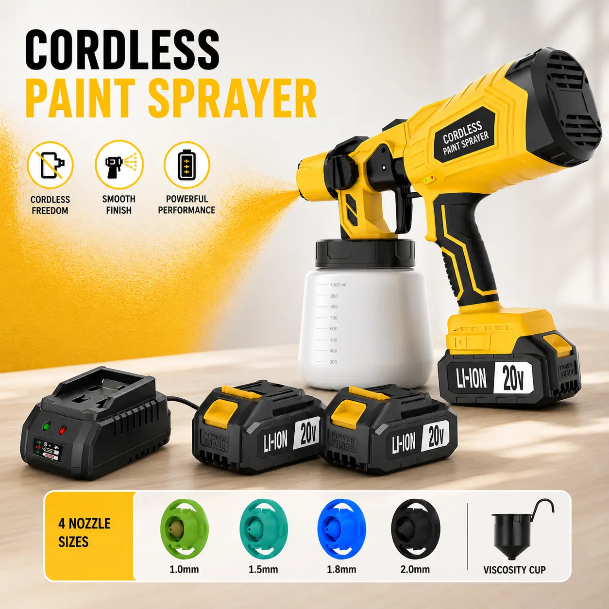 20V Cordless Paint Sprayer Gun, 1200ML HVLP Electric Spray Paint Gun with 4 Nozzles, 3 Spray Patterns, Adjustable Flow Control, Battery Powered Spray Gun for Furniture, Cabinets, Fence, Walls, Doors, Home DIY Painting pulver or izad