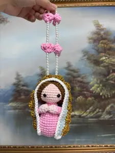 Mini Virgin Mary Rearview Mirror Charm | Handmade Crochet Car Ornament | Faith Protection Gift