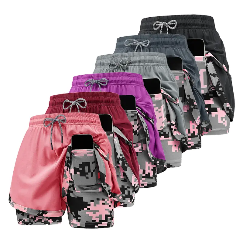 Women’s summer casual athletic shorts with a two-piece layered design and camouflage print, suitable for running and everyday workouts, summer vibes,back to school shopping