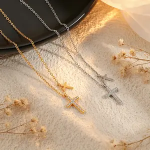 Diamond-studded cross necklace for women, niche design geometric collarbone versatile minimalist necklace