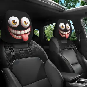 2-Piece Cartoon Big Eye Sticking Tongue Funny Print Car Headrest Covers, Ideal for Long Drives Comfort and Neck Support, Durable Elastic Material, Car Accessories
