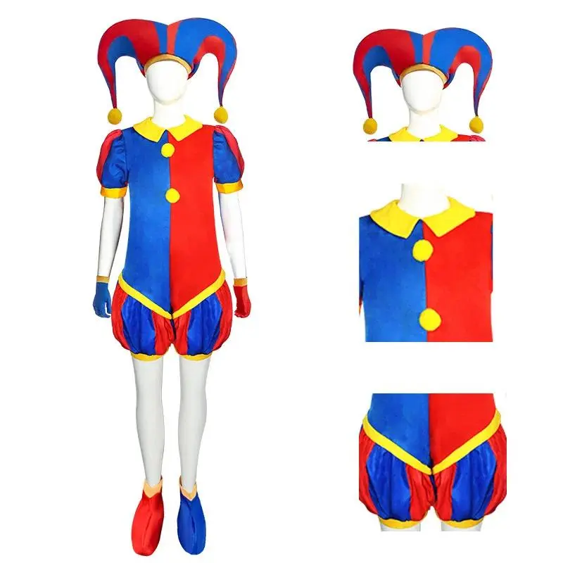 Adult Women Clown Cosplay Costume Hat Disguise Blue Red Jumpsuit Jester Halloween Carnival Fancy Party Dress Up Clothing Disfraz