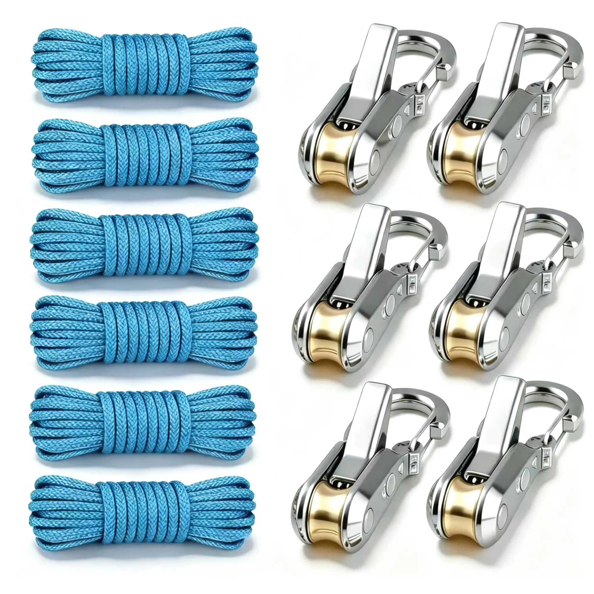 6-Piece Cam Buckle D-Ring Strapping Ropes Set with Wheel Tensioner, Heavy Shiny Carabiner & Accessories - Home/Outdoor Binding Tools for Camper RV, Glamping, Camping