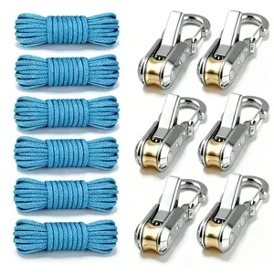 Cam Buckle D-Ring Strapping Ropes 6-Piece Set with Wheel Tensioner & Accessories - Easy, Safe Binding Tool for Camping, Home Storage Heavy Shiny Carabiner