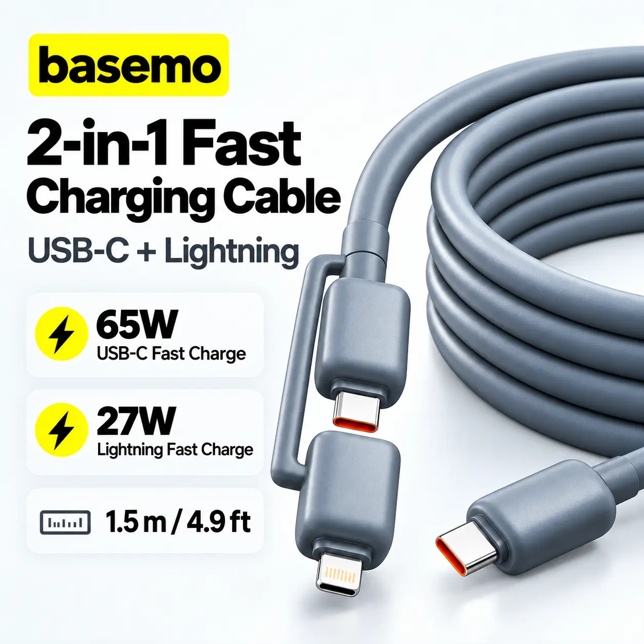 basemo  Super Fast Charging 2-in-1 Cables Multi Device Charger - Durable, Tangle-Free for iPhone 17 Pro Max, 16 Pro, Samsung, Huawei & Laptops