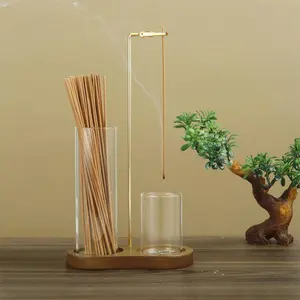 2 in 1 Incense & Candle Holder, 1 Count Wooden Base Incense Burner with Removable Glass Ash Collector, Home Decor Ornament for Living Room Bedroom, Scented Home Fragrance
