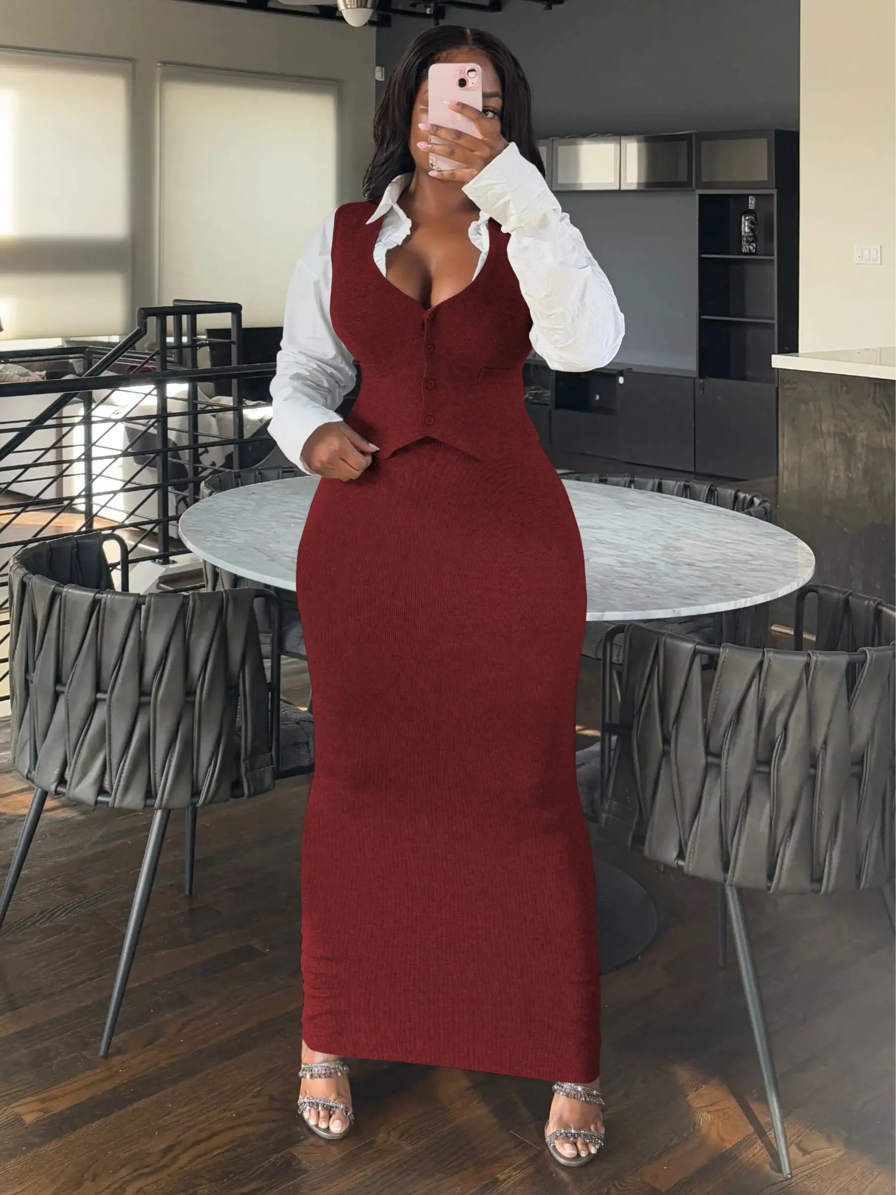 USBoutiqueCHIC Casual Elegant Two Piece Set Sleeveless Button Down Vest + Maxi Skirt Ice Silk Fabric For Women