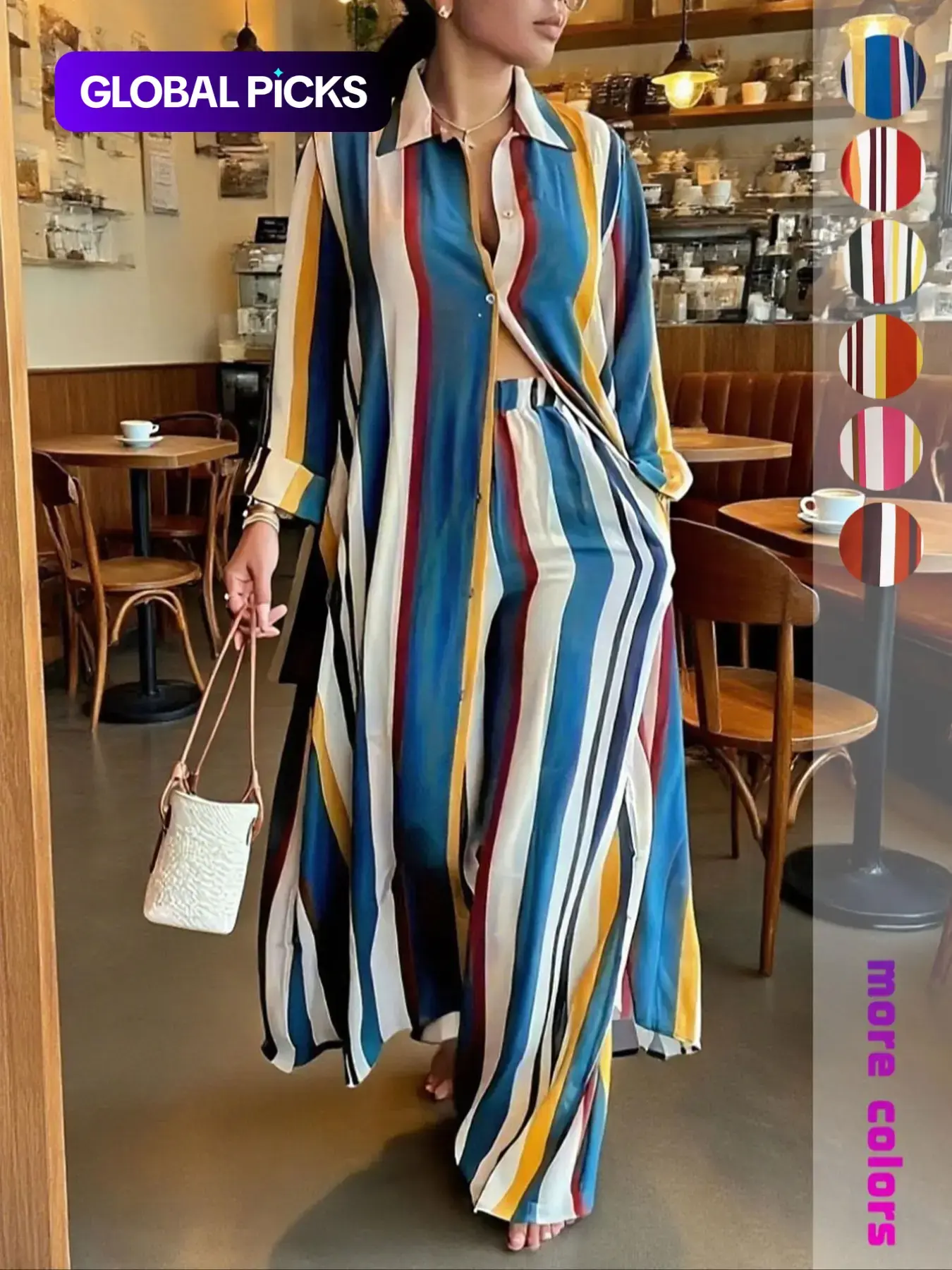 【Juicy Exclusive】Plus Size Women's Striped Two-Piece Set, Long Sleeve Shirt & Wide Leg Elastic Pants, Casual Flowy, Perfect for Vacation & Daily Wear