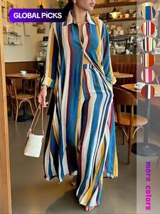 Plus Size Women's Striped Two-Piece Set, Long Sleeve Shirt & Wide Leg High Waist Elastic Pants, Casual Flowy, Perfect for Vacation, Daily & Everyday Wear, Womenswear