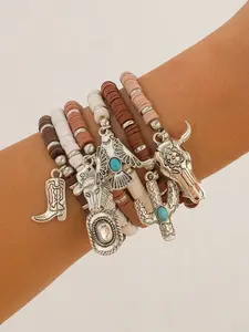 Western Hippie Style Set, Faux Turquoise Cactus Bracelet, Cowgirl Hat, Soft Clay Beads, Bohemian Accessory, Daily Wear, Holiday Gift, Bohemian Bracelets