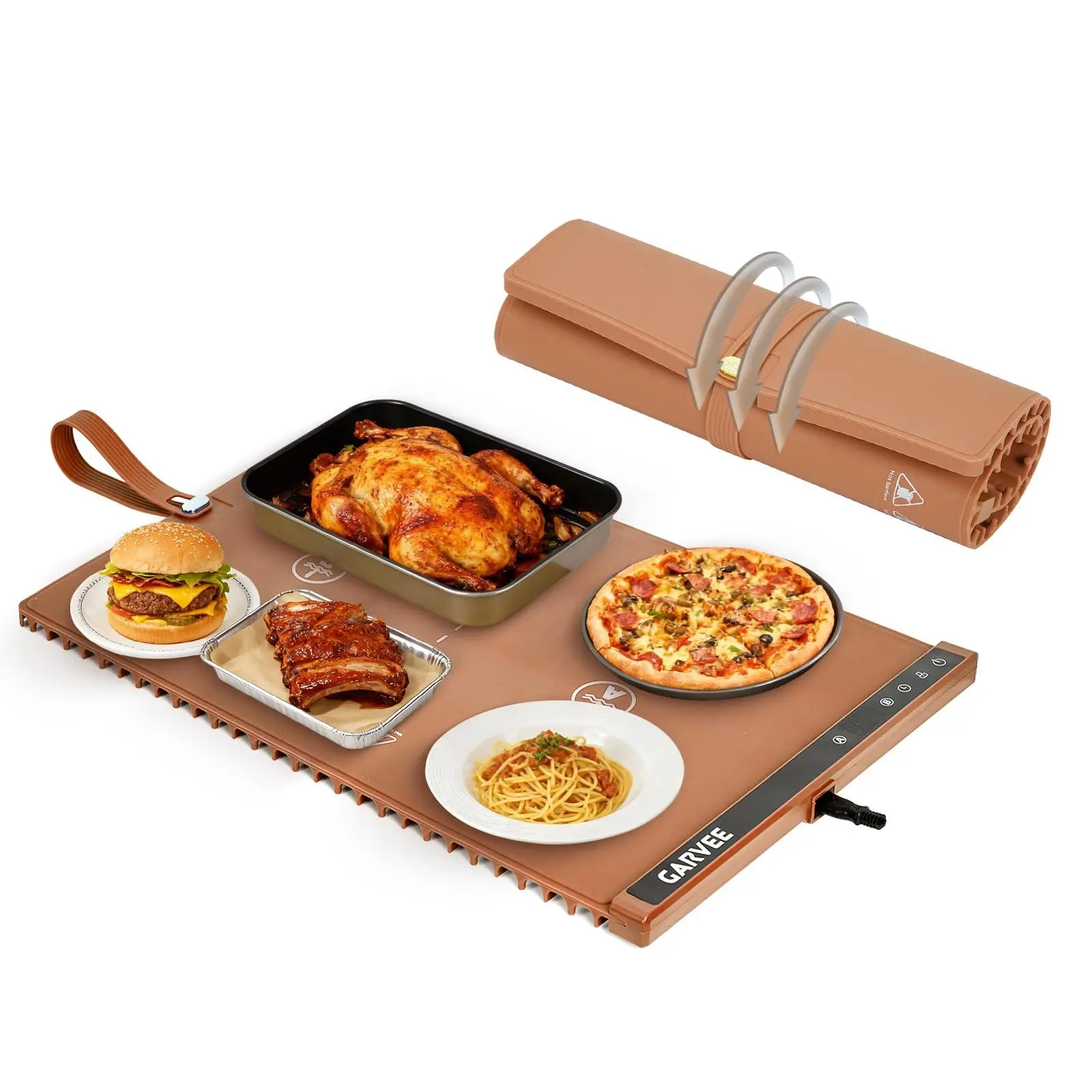 Gaomon Silicone Portable Dual-Zone Heating Food Mat - 24"x15" Rectangle Water Proof Rollable Warmer, 6 Temp Controls, 3-hour Timer, Anti-Slip Heat-Insulated Easy-Clean Pad, Child Safety Lock, 122°F-212°F for Outdoor Tableware (Orange)