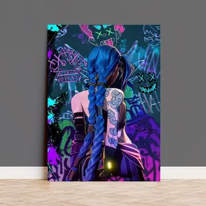 Anime Jinx Canvas Wall Art, Vibrant Blue Hair Character with Glowing Tattoos, Perfect for Bedroom Living Room Hallway Decor