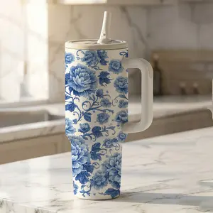 mikenda Blue Vintage Floral 40oz Leakproof Travel Tumbler with Handle & Straw, Elegant Flower Insulated Thermos Cup, Mother's Day Gift, Drinkware