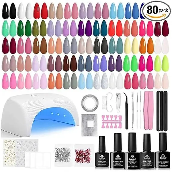 80Pcs Color Enchantment 55 Colors Gel Nail Kit with Everything Base Top Coat Beginner Starter at Home Nails Kit Manicure DIY Salon Tools Gifts for Women