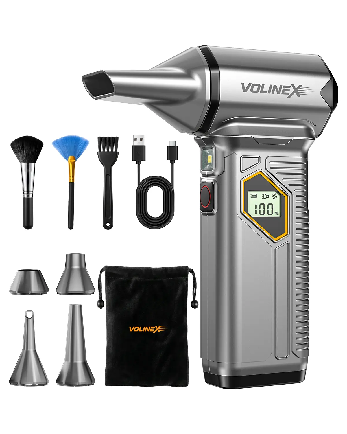 VX-101 Pro Max Compressed Air Duster for PC, Car Cleaning | 150000RPM Brushless Motor, Turbo, 8000mAh Rechargeable, 10-Speed Adjustable, Cordless, LED Light, LCD Screen, Mini Portable