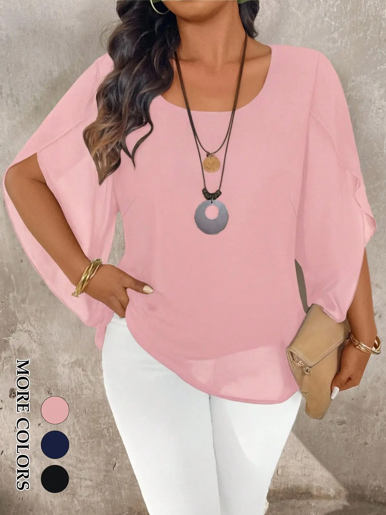 Women's Plus Size Elegant Fit Blouse, Fashion Semi-Sheer Petal Sleeve Top, Double-Layer Fabric, Suitable for Office and Formal Events, Shirts