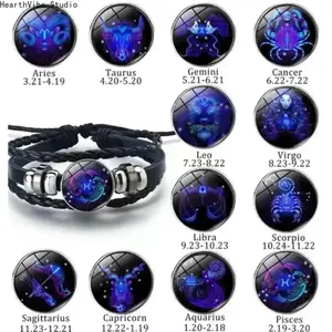 2026 Zodiac Signs Spirit Bracelet - Adjustable 12 Constellation Black Leather Wrap Bracelet for Women Men with Positive Energy Glow-in-the-Dark Design Valentine’s Day Gift