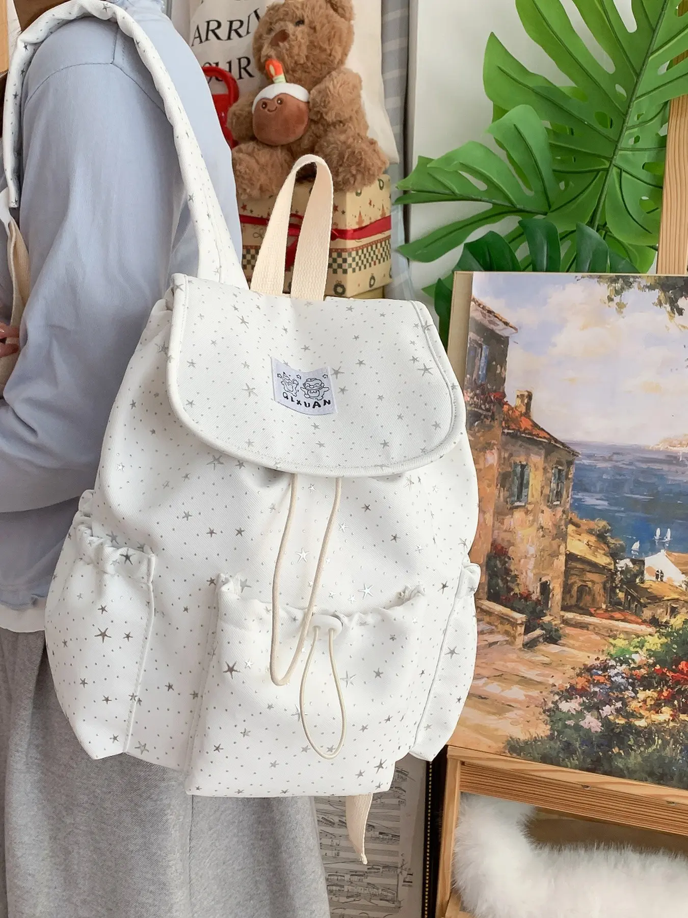 Cute White Star Print Canvas Casual Printed Backpack Japanese School Style Drawstring Rucksack Large Capacity Student Commuter Travel Versatile Bag for Women