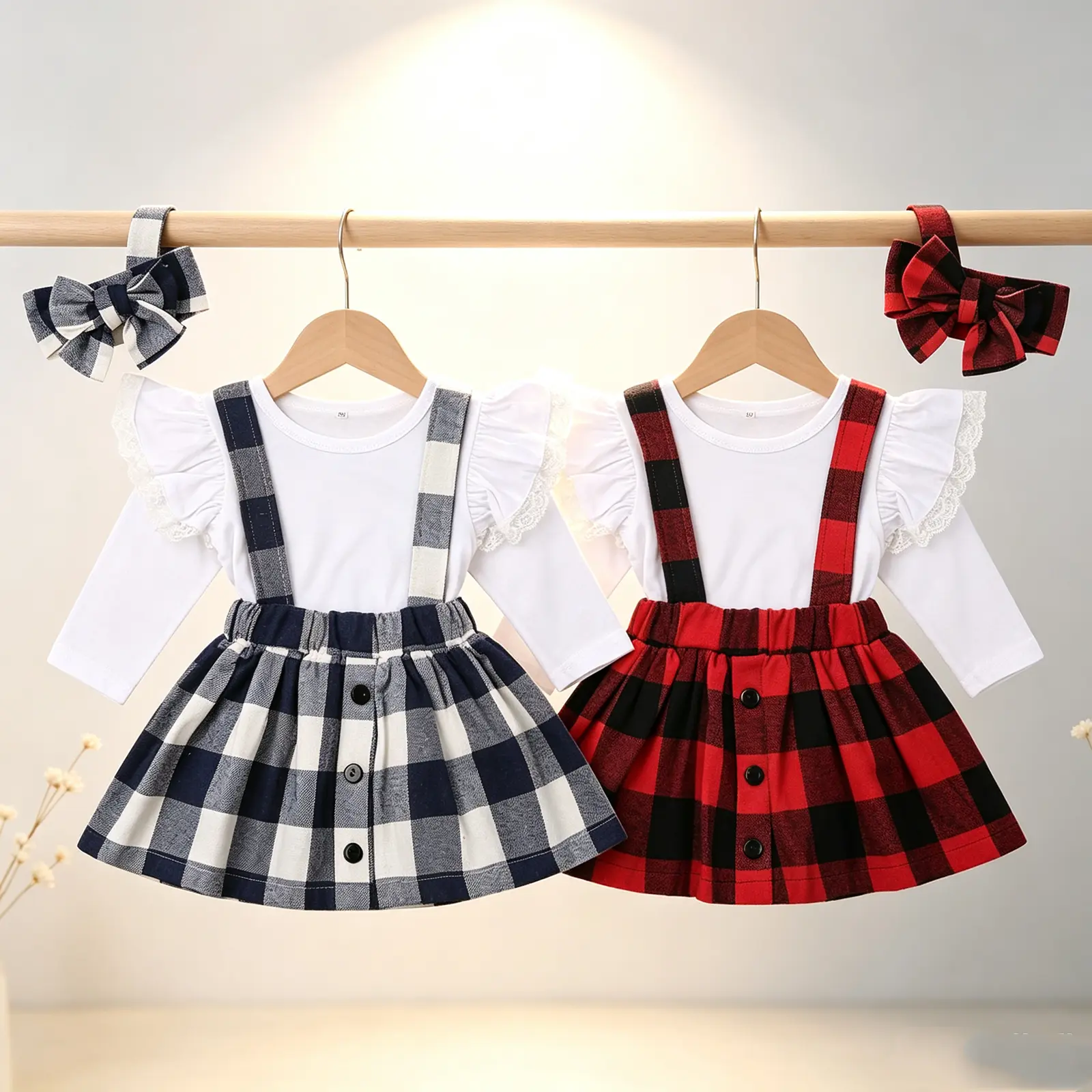 Toddler Baby Girls' 3-Piece Cotton Blend Outfit - Long Sleeve Ruffled Lace Top, Plaid Suspender Skirt with Elastic Waist, Bowknot Headband, Baby Clothes Set