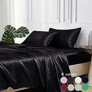 4pcs silky silk solid color bed sheet set, dust-proof and dirt proof mattress cover, soft and comfortable bed sheet, skin friendly and breathable, cool and skin friendly, (including 1 bed sheet+1 bed sheet+2 pillowcases) silk bedding