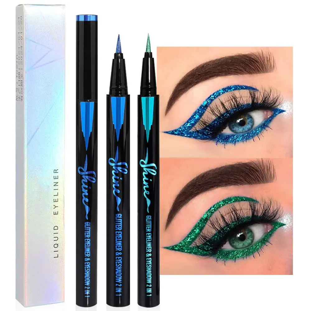 Green & Royal Blue Glitter Shimmer Liquid Eyeliner Eye Shadow Makeup Pencil Set, Green Blue Face Body Glitter Makeup Fake Eyelashes Mascara, Sparkle Metallic Colored Eyeliner Waterproof