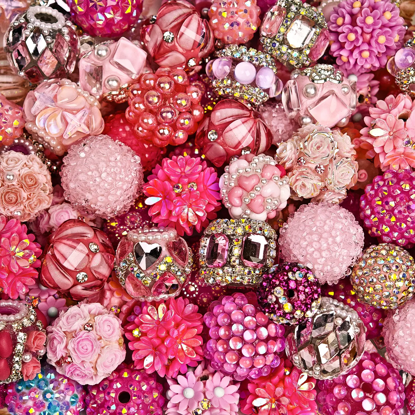 5Pcs Random Pink Rhinestone Chunky Resin Beads - Chunky Shapes, Large Holes, Mixed Designs, DIY Jewelry Craft Supplies for Bracelets, Necklaces