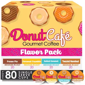 Donut Cafe Single Serve Flavored Coffee Pods Variety Pack - Beverage with Pecan, Coconut, Salted Caramel, Hazelnut (80 Ct)