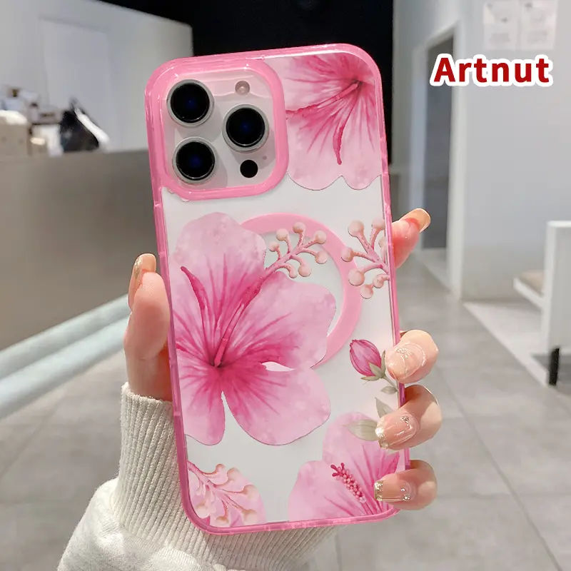 Pink Hibiscus Reverie Pattern Magnetic Phone Case for iPhone 16 15 14 Pro Max 13 12 11 XR XS E Plus Shockproof Lightweight Transparent Protective Soft Cover Supports Wireless Charging, Acrylic, Smartphone, Cellphone