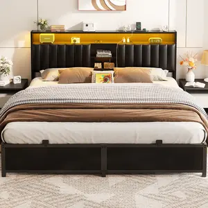 KING/QUEEN/FULL Size Bed Frame Upholstered Headboard with Charging Station & LED bed frame