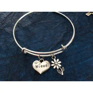 Niece Charm Silver Bangle Silver Adjustable Wire Bangle Charm Bracelet Expandable Trendy