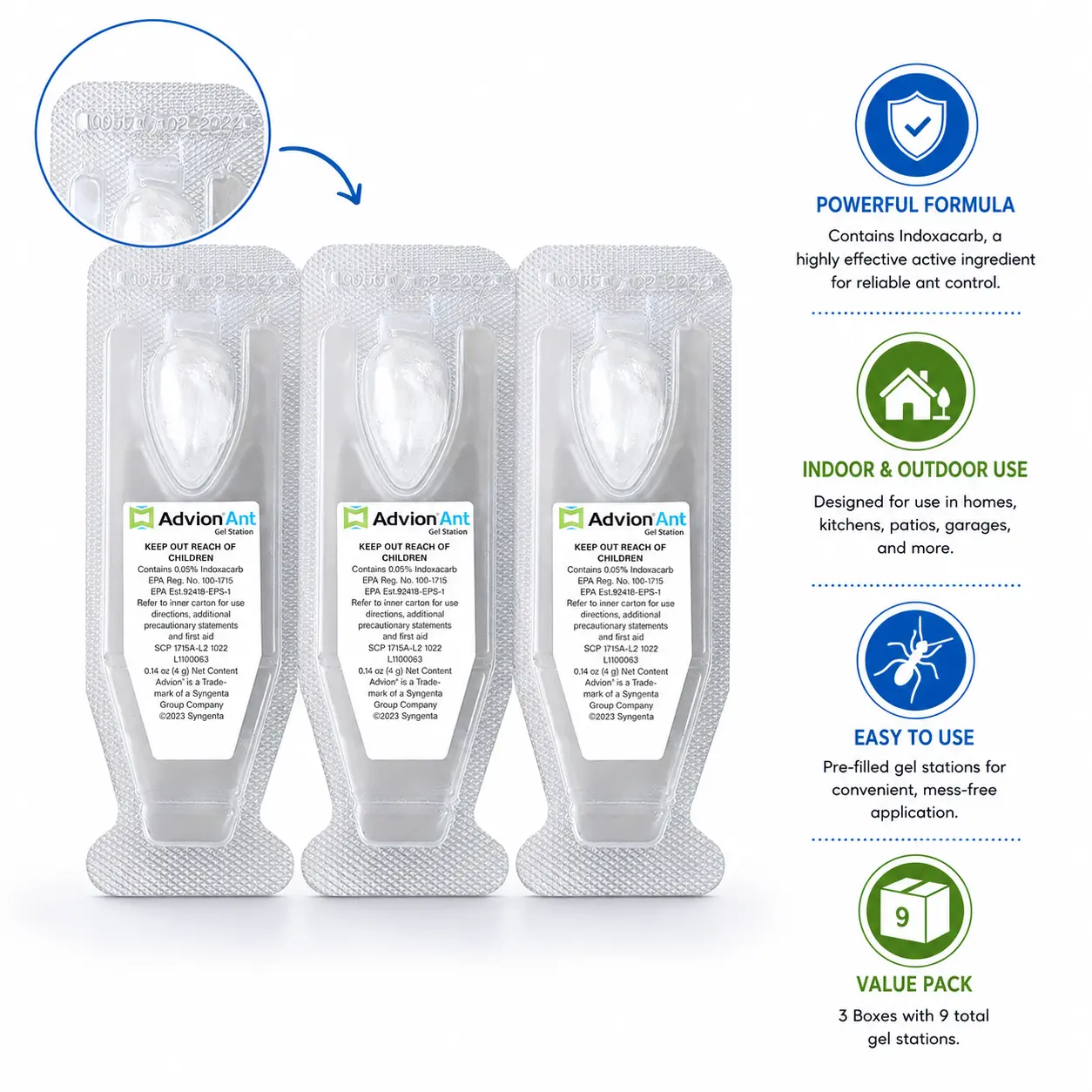 Syngenta Advion Ant Gel Station Insecticide - User-Friendly Ready-to-Use Gel Bait with Indoxacarb for Carpenter, Argentine, Big-Headed Ant Control, Indoors/Outdoors, 3 Boxes (9 Stations)